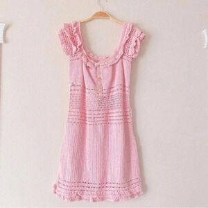 NWT She Made Me Saachi Off-the-shoulder Crochet Pastel Pink Ruffle Dress Size L